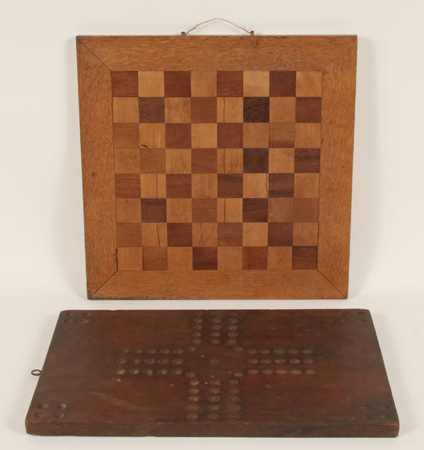 Two hand made folk art game boards;