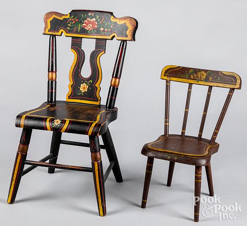 TWO PAINTED PLANK SEAT DOLL CHAIRS,