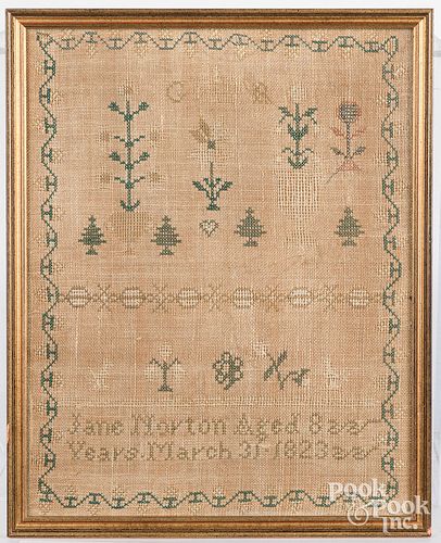 SILK ON LINEN SAMPLER, DATED 1823Silk