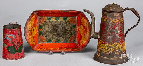 RED TOLEWARE COFFEE POT, AND TRAY AND