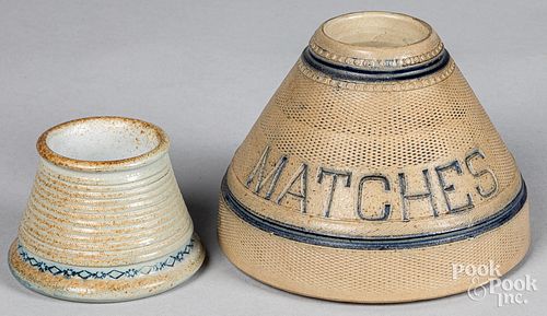 TWO STONEWARE MATCH HOLDERS CA  314577
