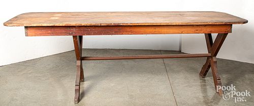 LARGE PINE AND POPLAR TRESTLE TABLE,