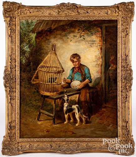 ENGLISH OIL ON CANVAS BOY AND DOG  3146bd