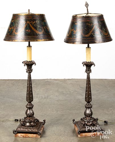 PAIR OF MARBLE IRON TABLE LAMPS,