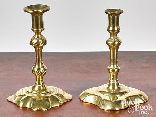 TWO ENGLISH QUEEN ANNE BRASS TAPERSTICKSTwo