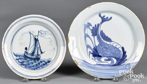 TWO DELFT BLUE AND WHITE PLATES,