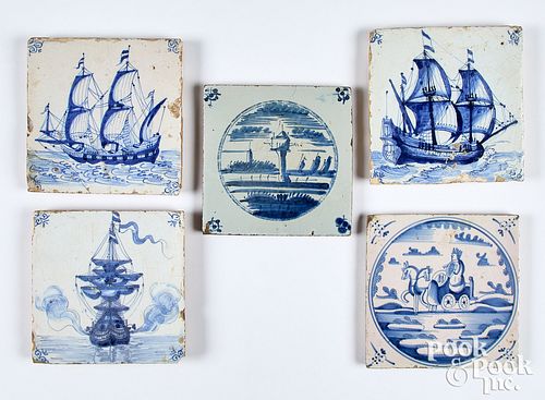 FIVE DELFT BLUE AND WHITE TILES,