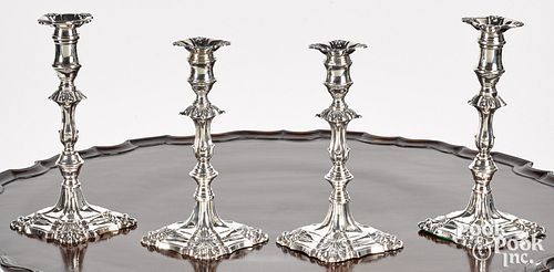 TWO PAIRS OF GEORGIAN STYLE SILVER CANDLESTICKSTwo