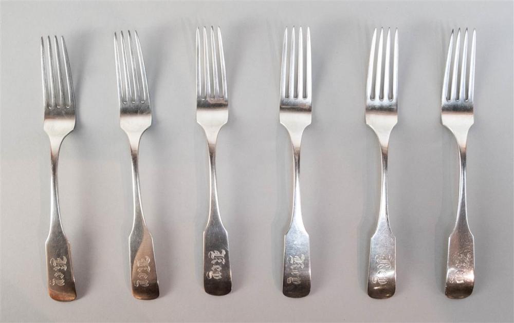 SIX SILVER DINNER FORKS AND A PAIR