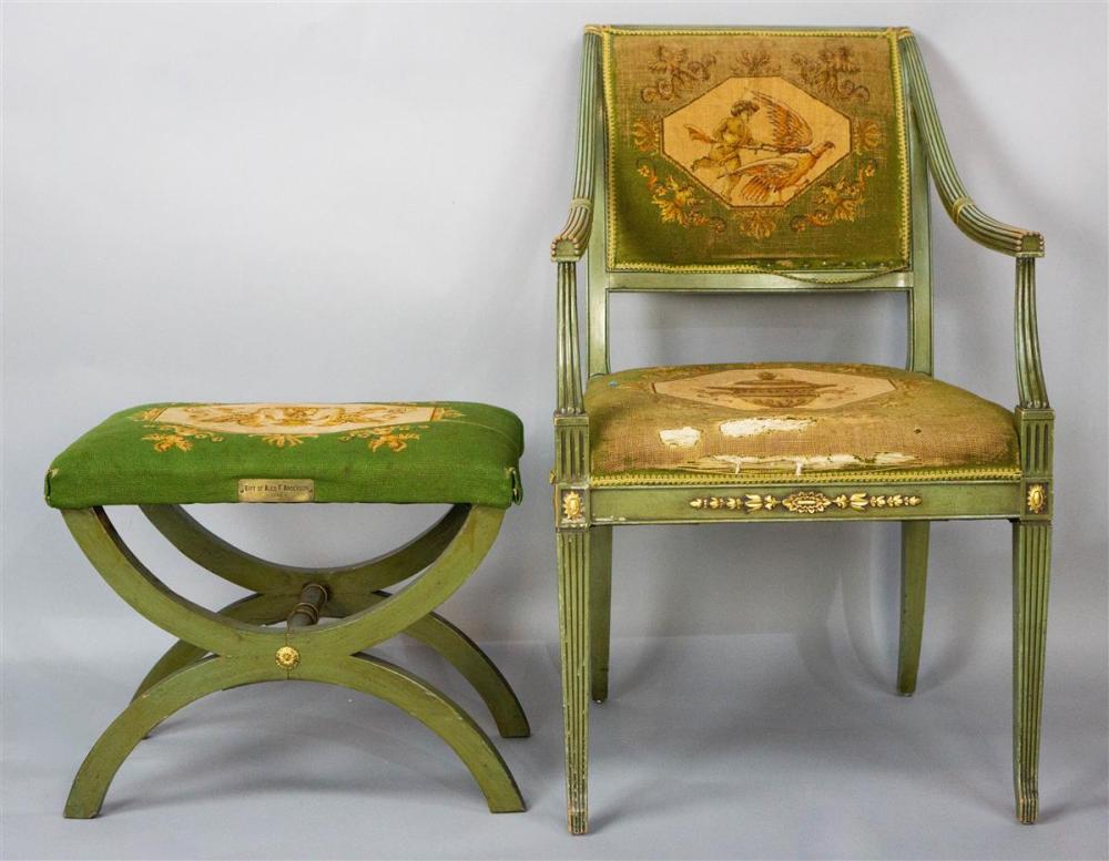 LOUIS XVI STYLE GREEN PAINTED ARMCHAIR