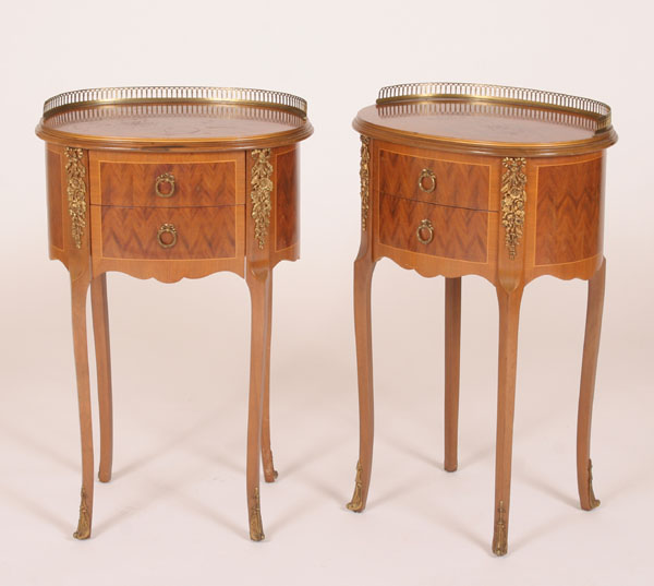 Pair French marquetry stands; various