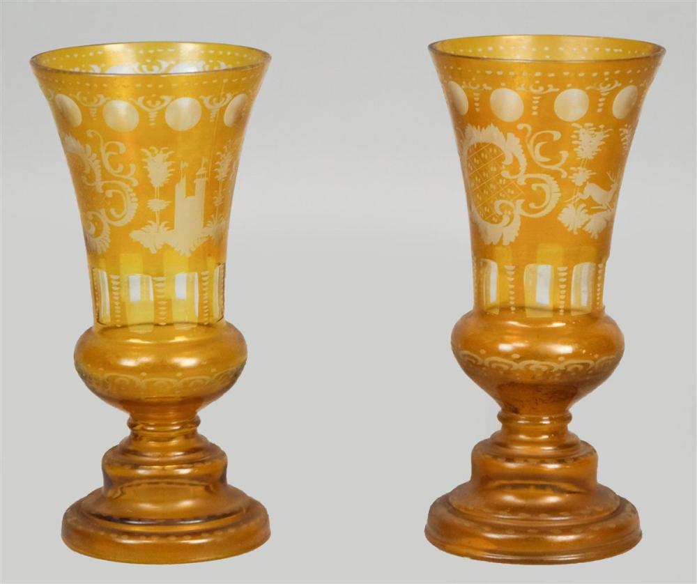 PAIR OF AMBER ETCHED BOHEMIAN GLASS 3123f9
