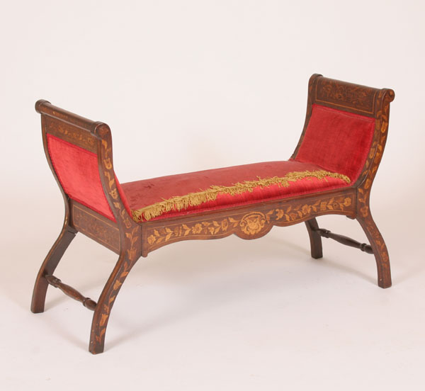 Early Dutch marquetry bench; scrolled