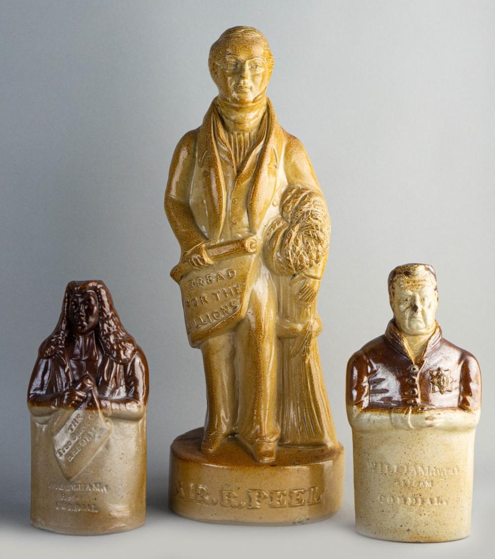 THREE BRITISH SALTGLAZE STONEWARE FIGURAL