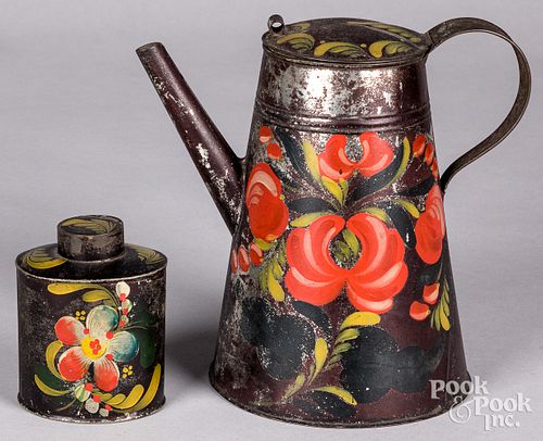 TOLEWARE COFFEE POT AND TEA CADDY,