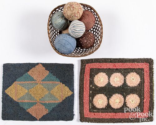 TWO SMALL HOOKED RUGS A BASKET 312683