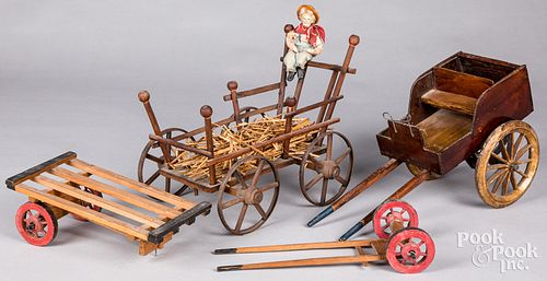 THREE WOODEN TOY CARTS AND WAGONS,