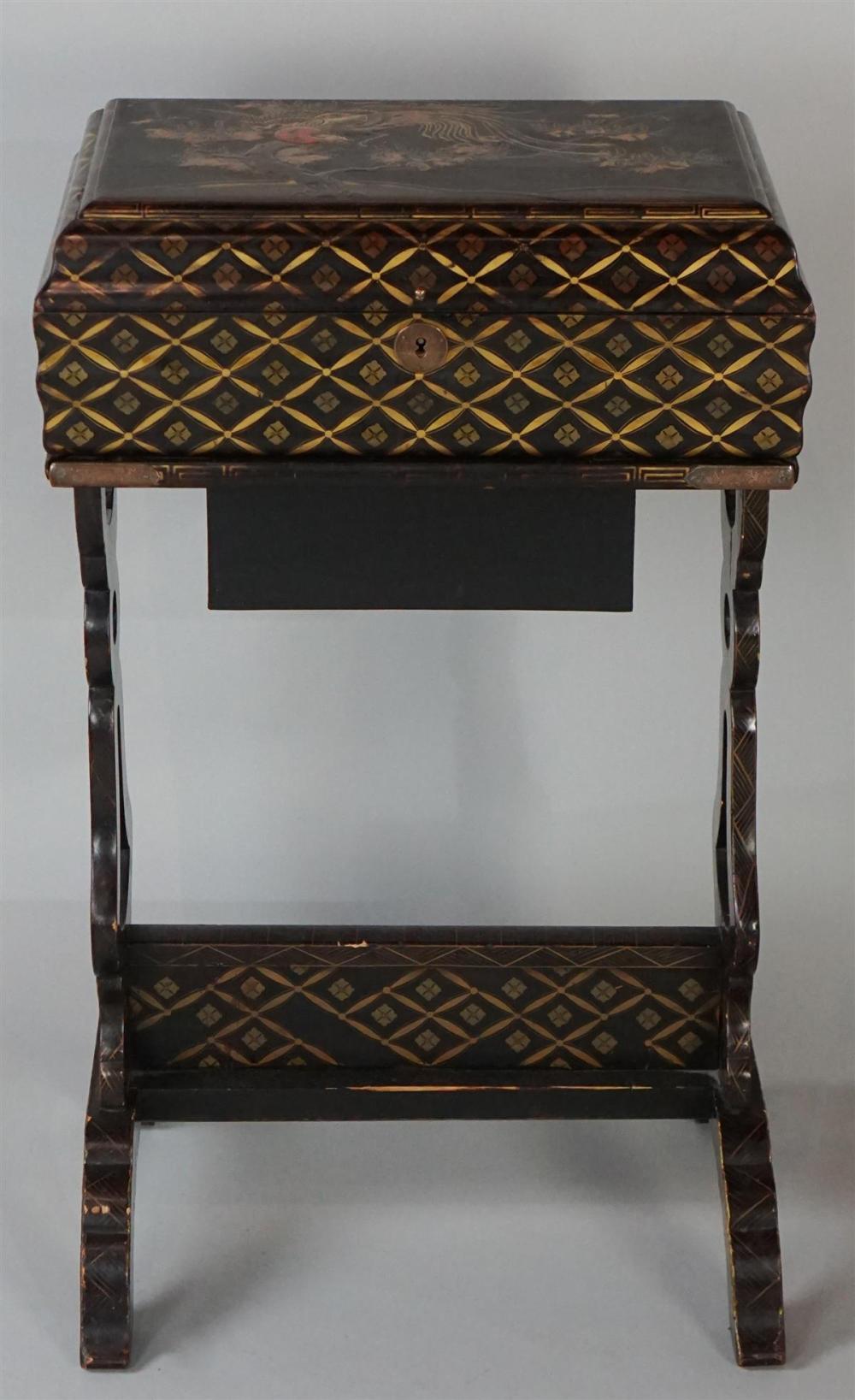 JAPANNED AND GILT SEWING BOX ON 312a2a