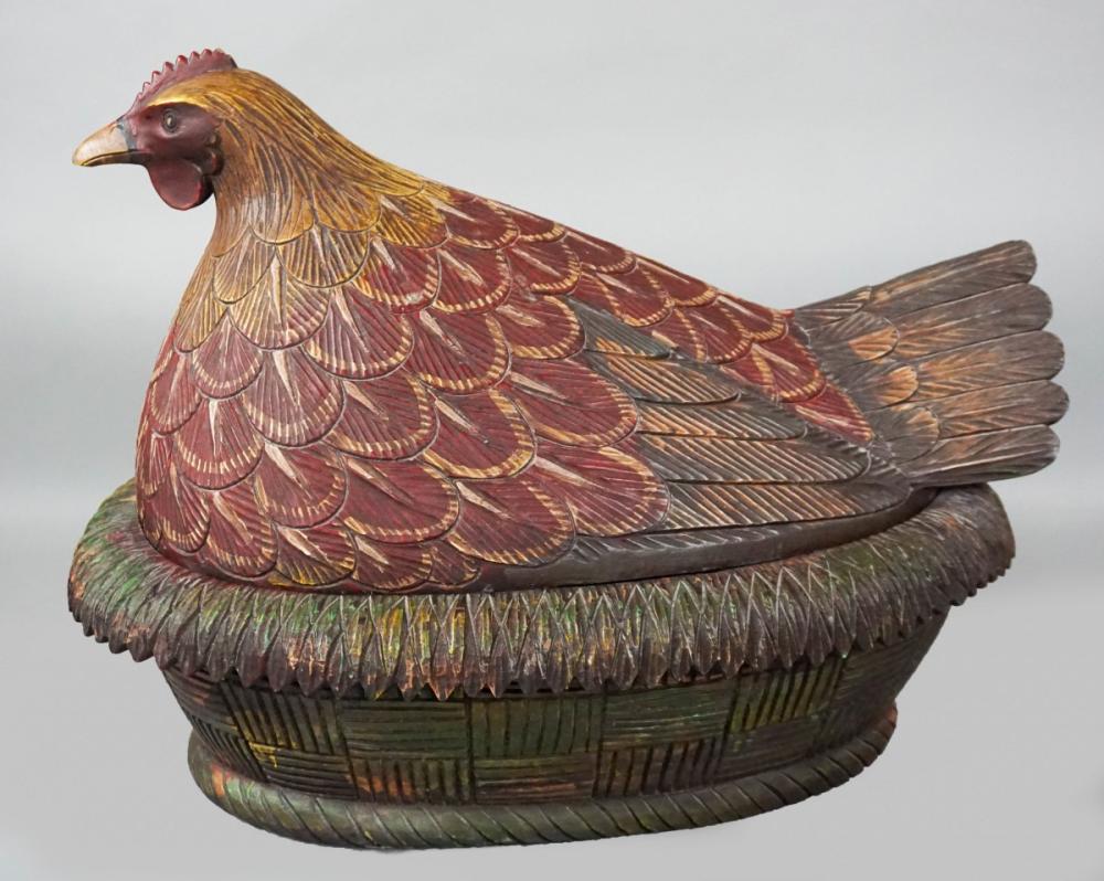 LARGE PAINTED CARVED WOODEN HEN ON NEST