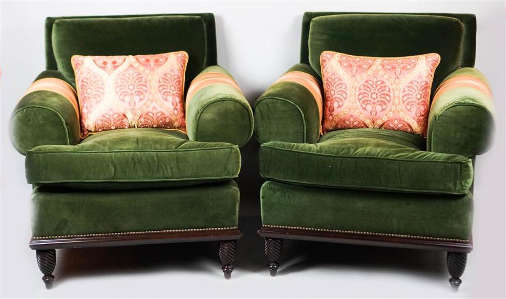 PAIR OF MODERN GREEN VELVET ARMCHAIRSPAIR