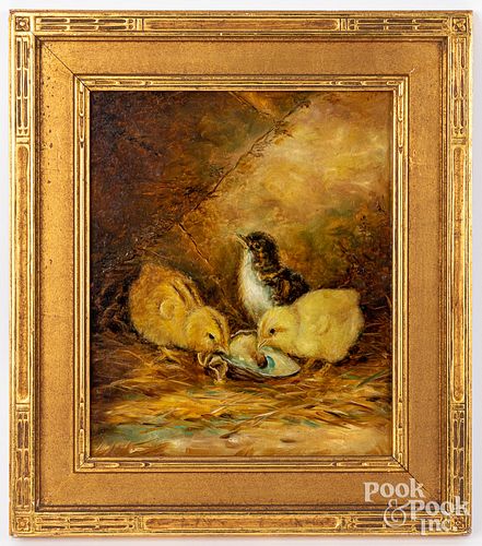 OIL ON BOARD OF THREE CHICKS, EARLY