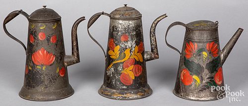 THREE TOLEWARE COFFEE POTS, 19TH