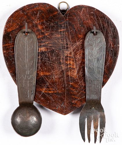 TIN WEDDING SPOON AND FORK, DATED