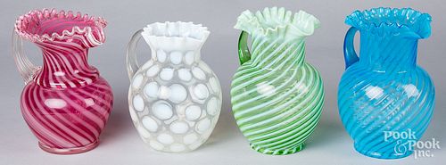 FOUR VICTORIAN OPALESCENT PITCHERS,