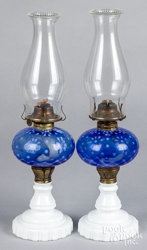 PAIR OF BLUE OPALESCENT OIL LAMPS  313050