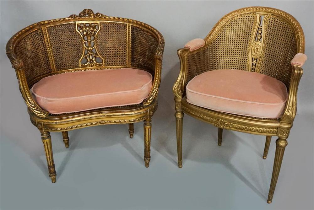 TWO LOUIS XVI STYLE CANED GILTWOOD