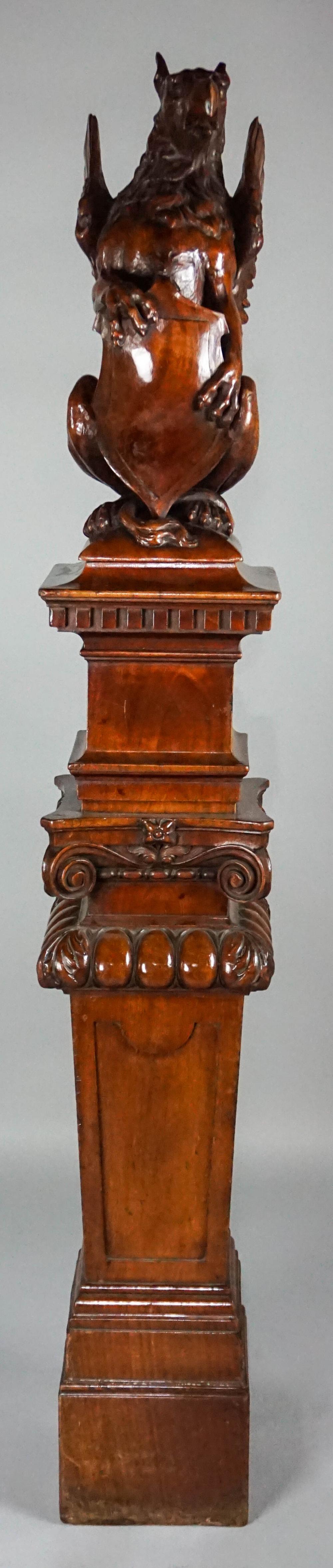 MAHOGANY NEWEL POST WITH CARVED