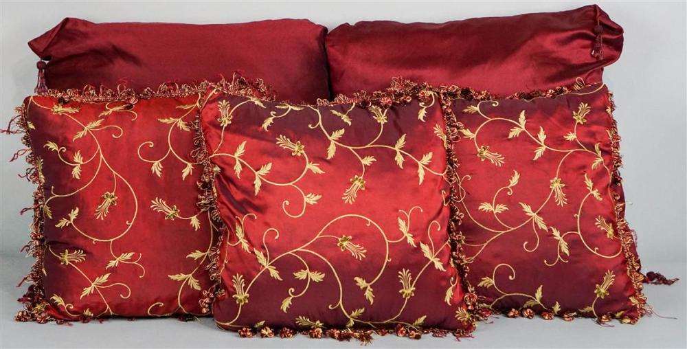 GROUP OF BURGUNDY TRIMMED PILLOWSGROUP