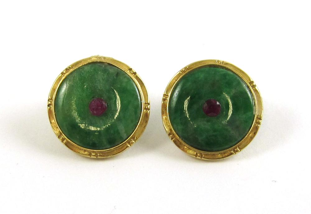 PAIR OF JADE AND RUBY CLIP ON EARRINGS  31592f