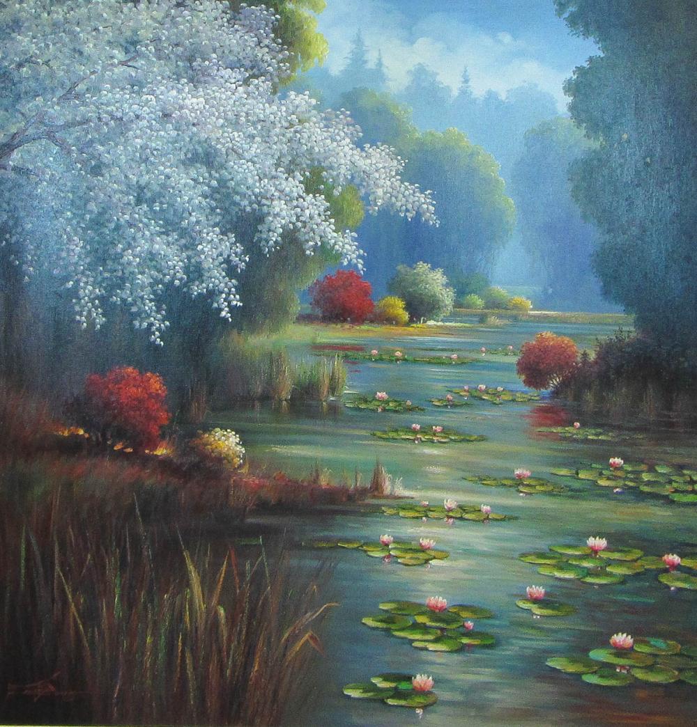 MARZO OIL ON CANVAS, LILY POND IN SPRING.