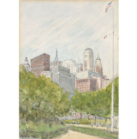 New York Central Park cityscape, watercolor;
