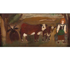 Folk art cows and maid oil on board,