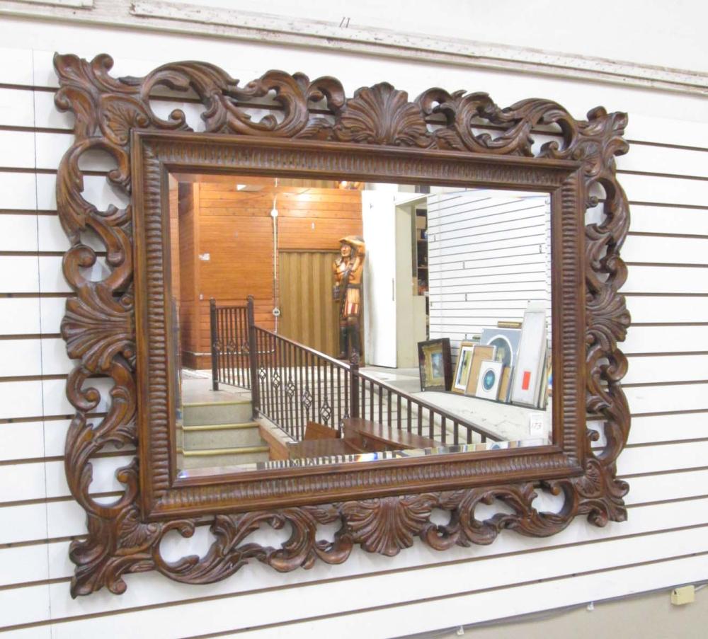 LARGE MAHOGANY FRAMED WALL MIRROR,