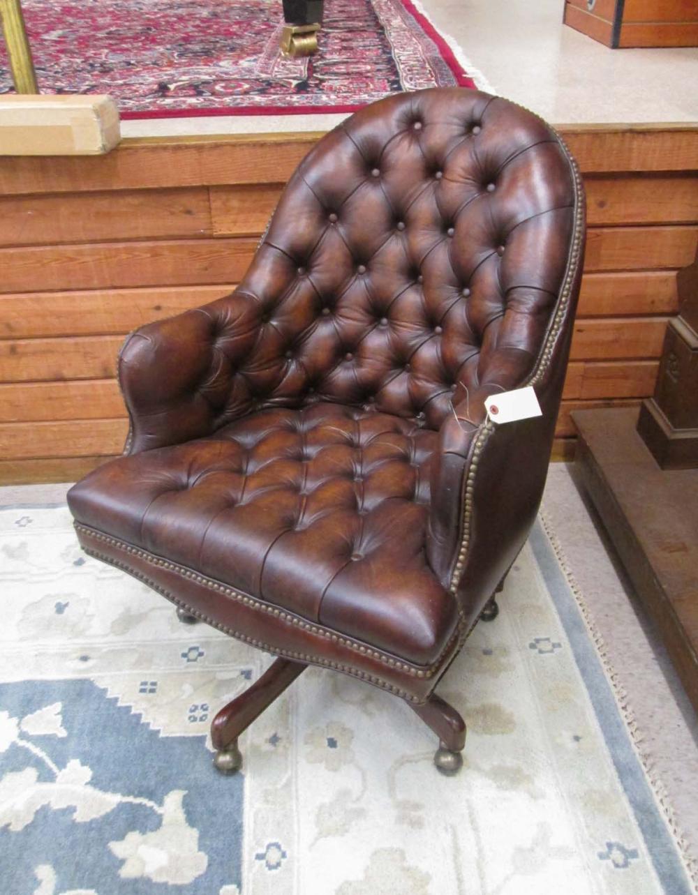 BROWN LEATHER SWIVEL DESK CHAIR,