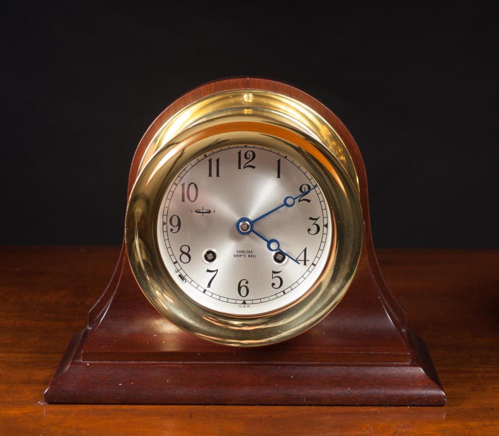 SHIPS BRASS BELL CLOCK ON TRADITIONAL