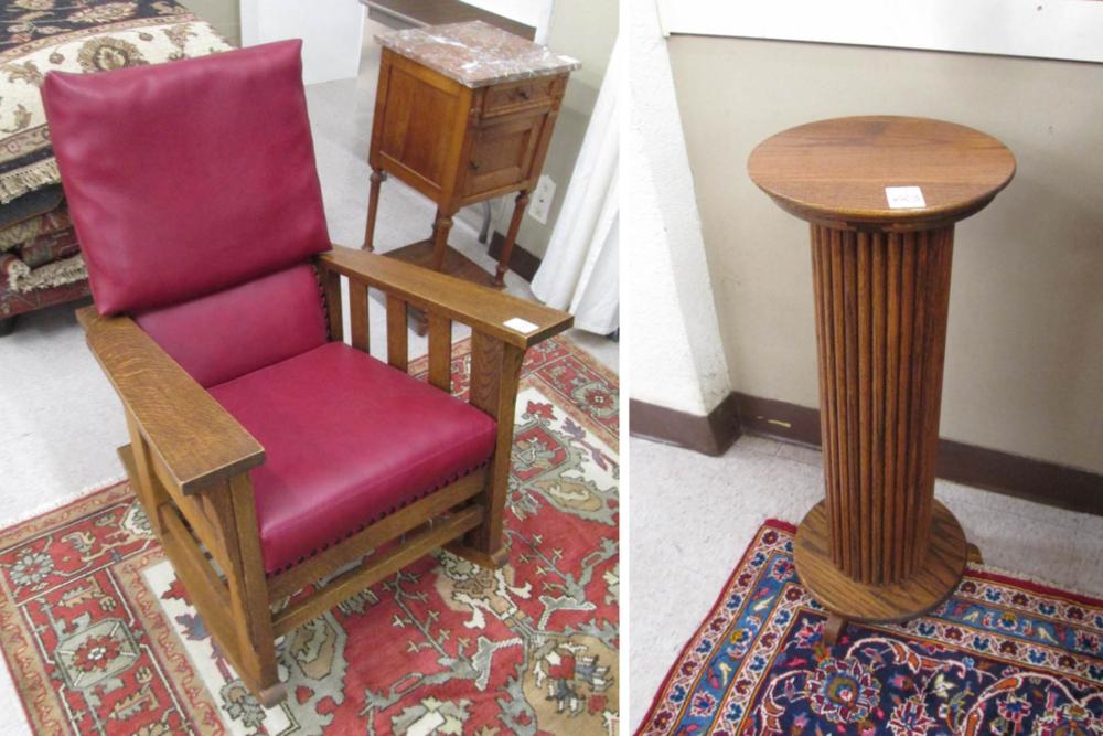 AMERICAN OAK ROCKING CHAIR AND PEDESTAL: