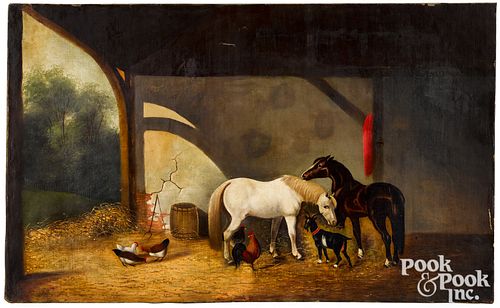 OIL ON CANVAS STABLE SCENE 19TH 315d91