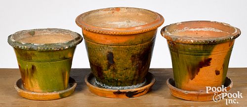 THREE PENNSYLVANIA REDWARE FLOWERPOTS,