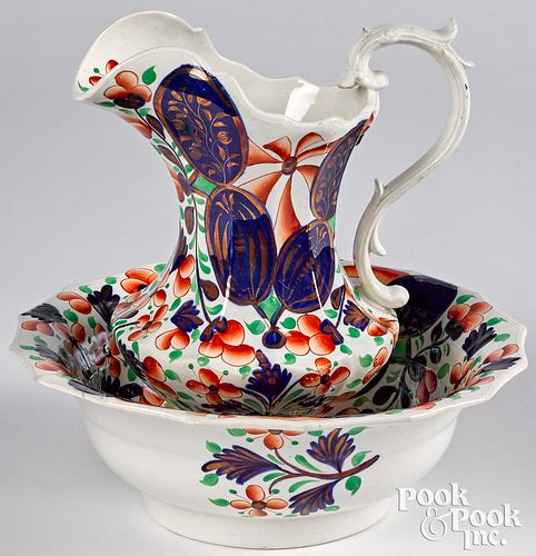 GAUDY WELSH PITCHER AND BASIN, 10 3/4