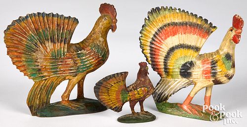THREE CARVED AND PAINTED ROOSTERS,