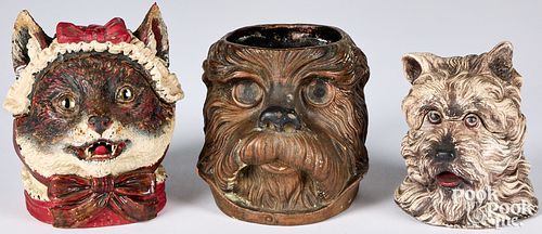 THREE TERRA COTTA ANIMAL HEAD JARS,