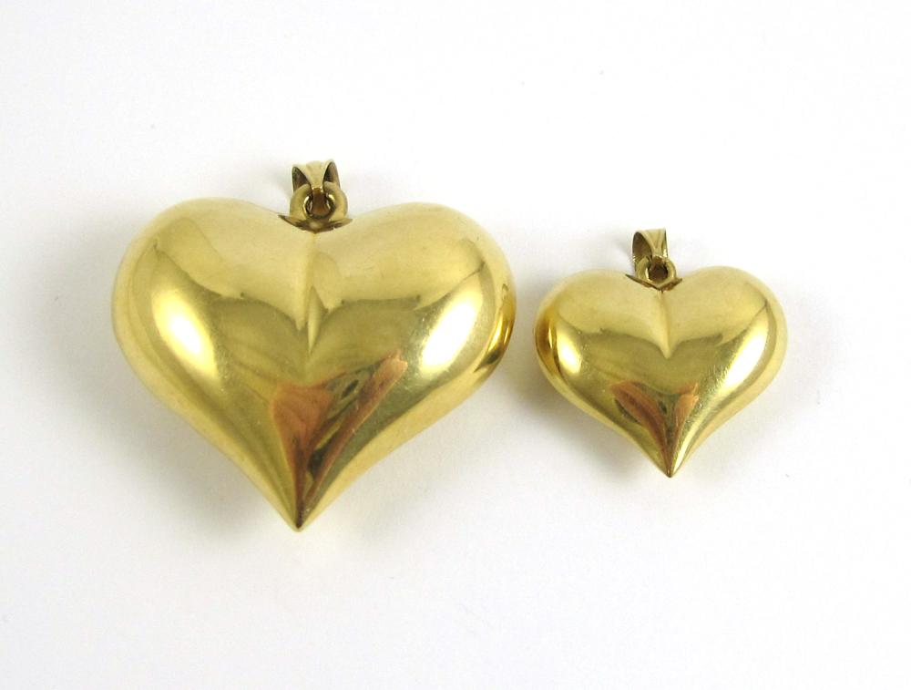 TWO FOURTEEN KARAT GOLD HEART PENDANTS  315fb0