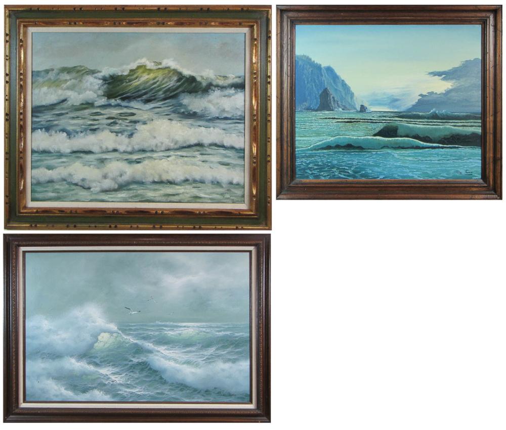 THREE SEASCAPES, OILS ON CANVAS.