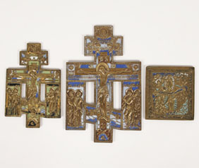 Three Russian brass icons with enamel