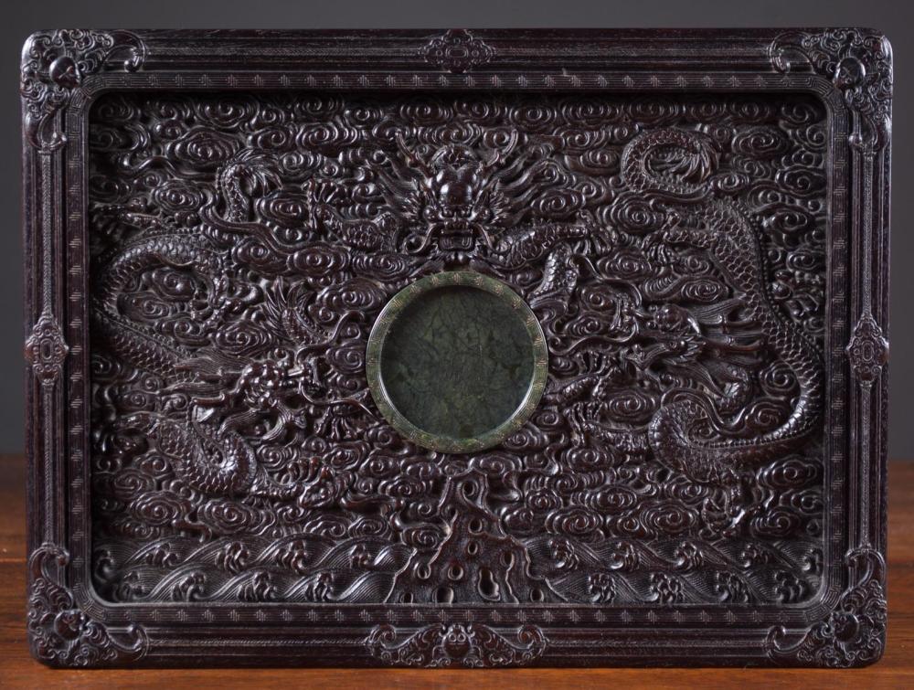 CHINESE CARVED ZITAN WOOD AND HARDSTONE