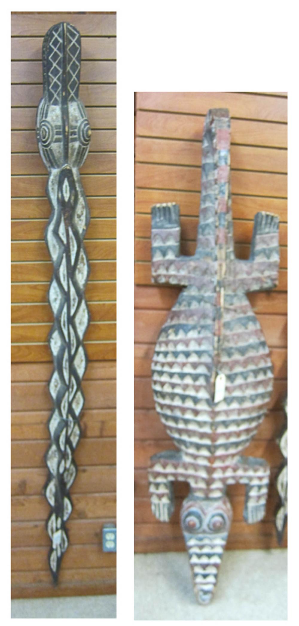 TWO AFRICAN CARVED AND PAINTED